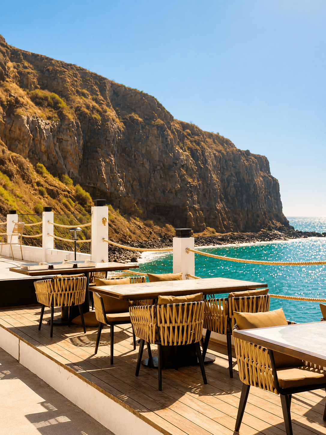 Terrasse du restaurant face aux falaises et à l'eau turquoise